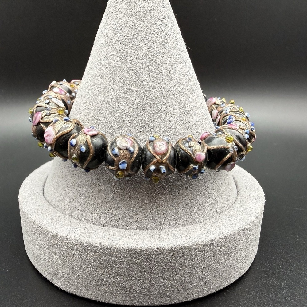 Vintage Venetian Lampwork Glass Bead Stretch Bracelet Black Blue Pink Aventurine